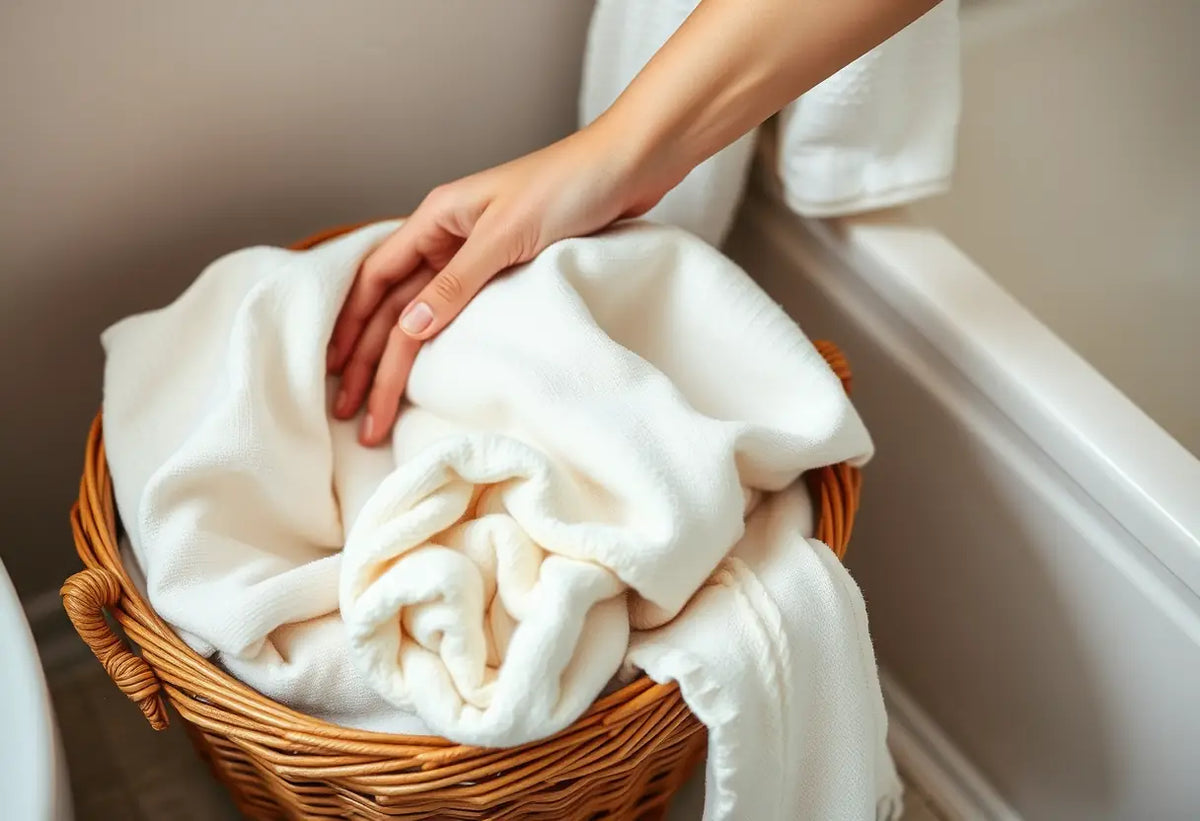 Une main plonge dans un panier rempli de serviettes en lin frais dans une salle de bains accueillante, mise en valeur du doux tissu.