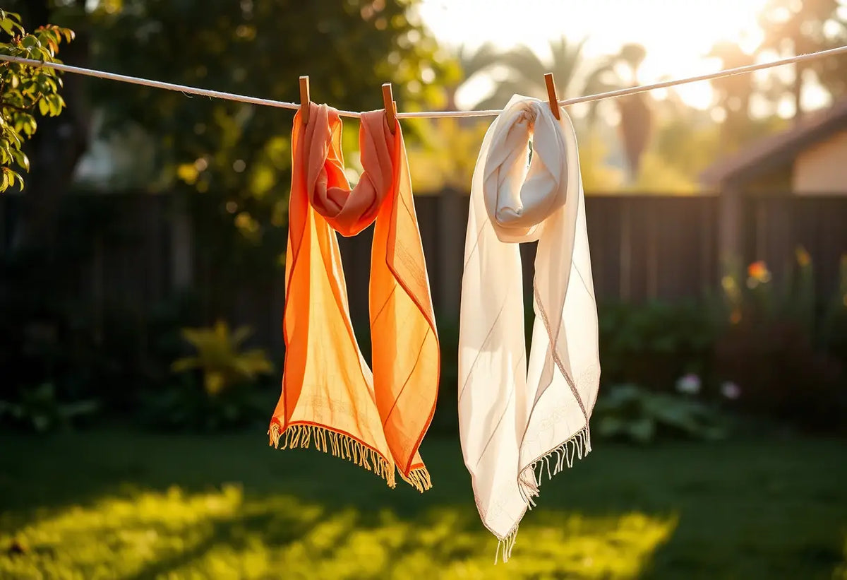 Écharpes de soie suspendues dans un jardin, symbole de liberté en matière de contraception