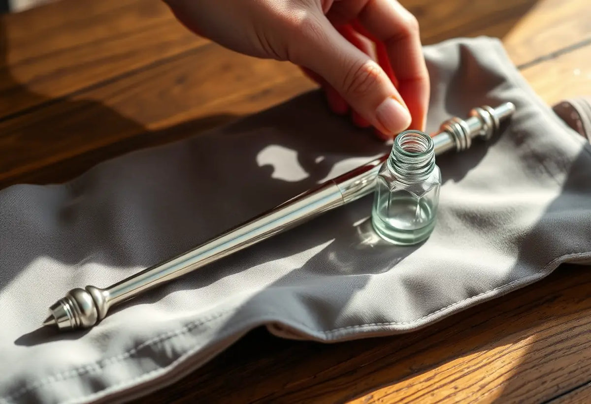 Un gode métallique posé sur un coussin de tissu doux avec une petite bouteille à côté, illustrant l'article sur le Njoy Pure Wand et les poppers.
