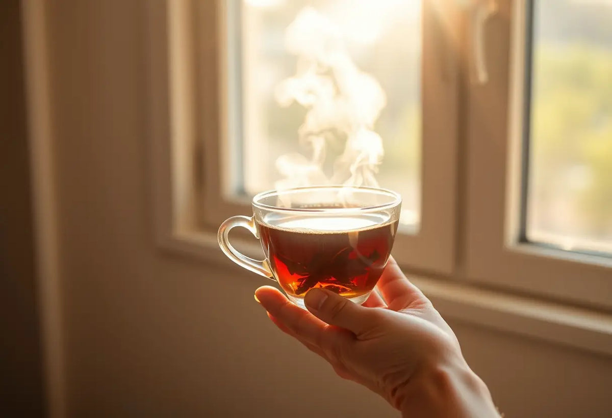 Une main tenant une tasse de thé herbeux, la lumière du soleil filtre à travers la fenêtre, chaleur et douceur
