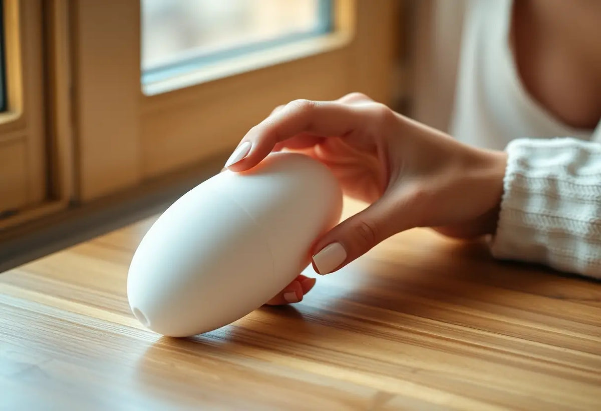 Main dans une boutique spécialisée, tenant un vibromasseur