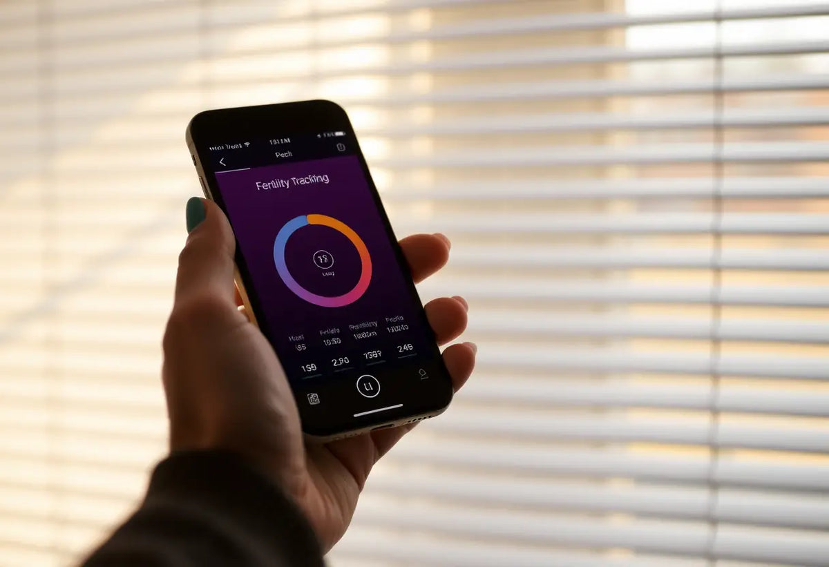 Une main féminine tient un smartphone avec une application de suivi de la fertilité, lumière naturelle.