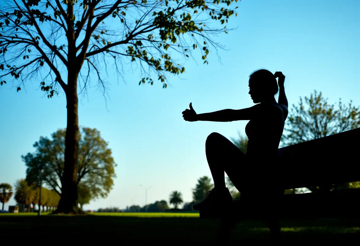Un silhouetté fait des exercices de Kegel assis sur un banc en bois dans un parc, soulignant l'importance de l'exercice pour le plancher pelvien.