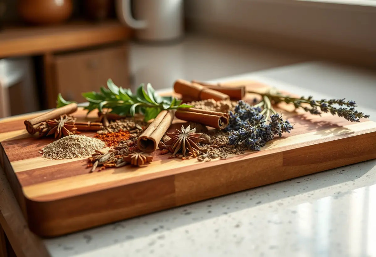Epices et herbes sur un plan de travail de cuisine