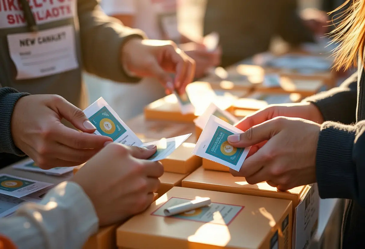 Des mains mettant des préservatifs dans des enveloppes à un poste de distribution géré par des bénévoles