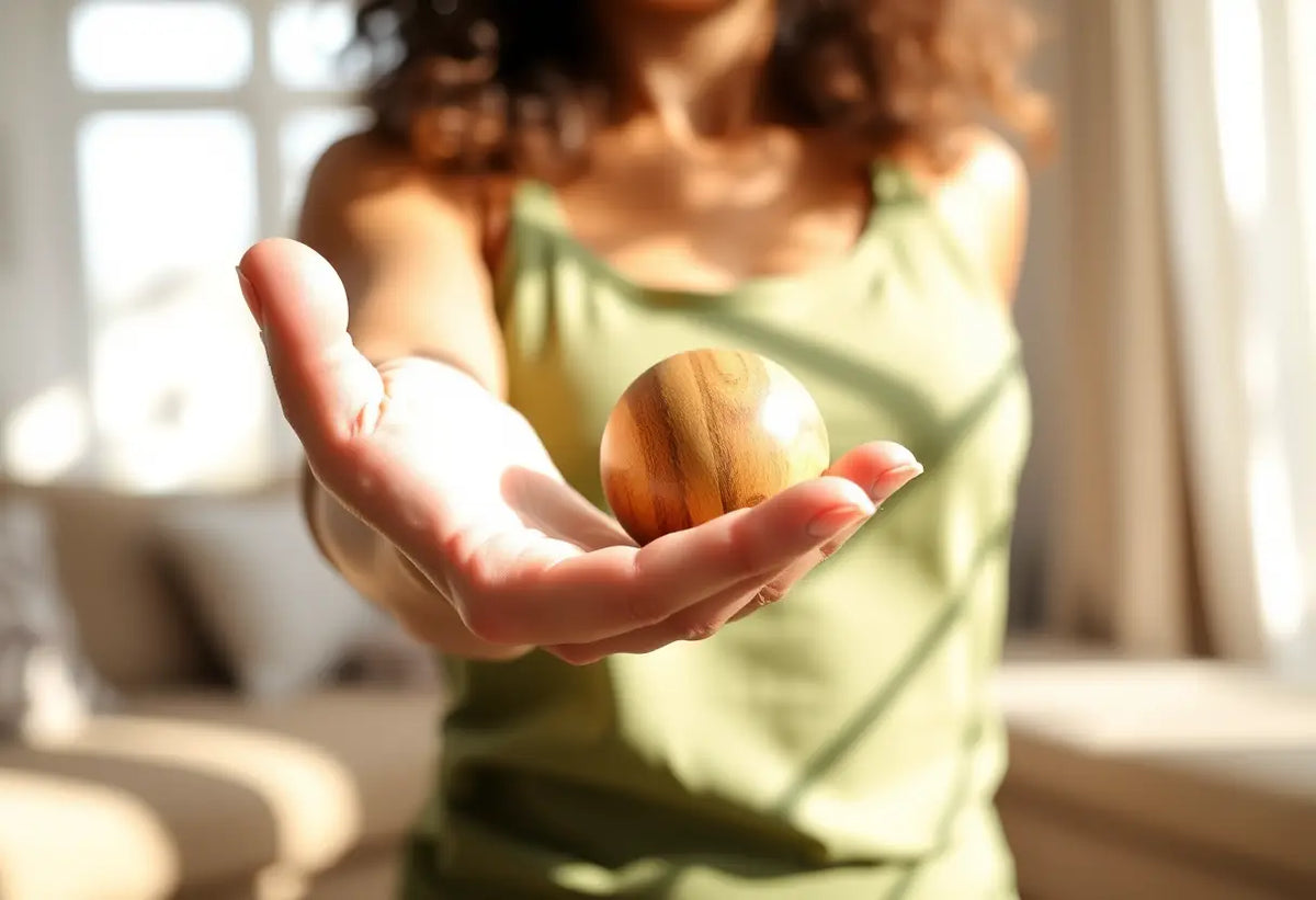 Main de femme tenant une balle en bois pour renforcer le périnée