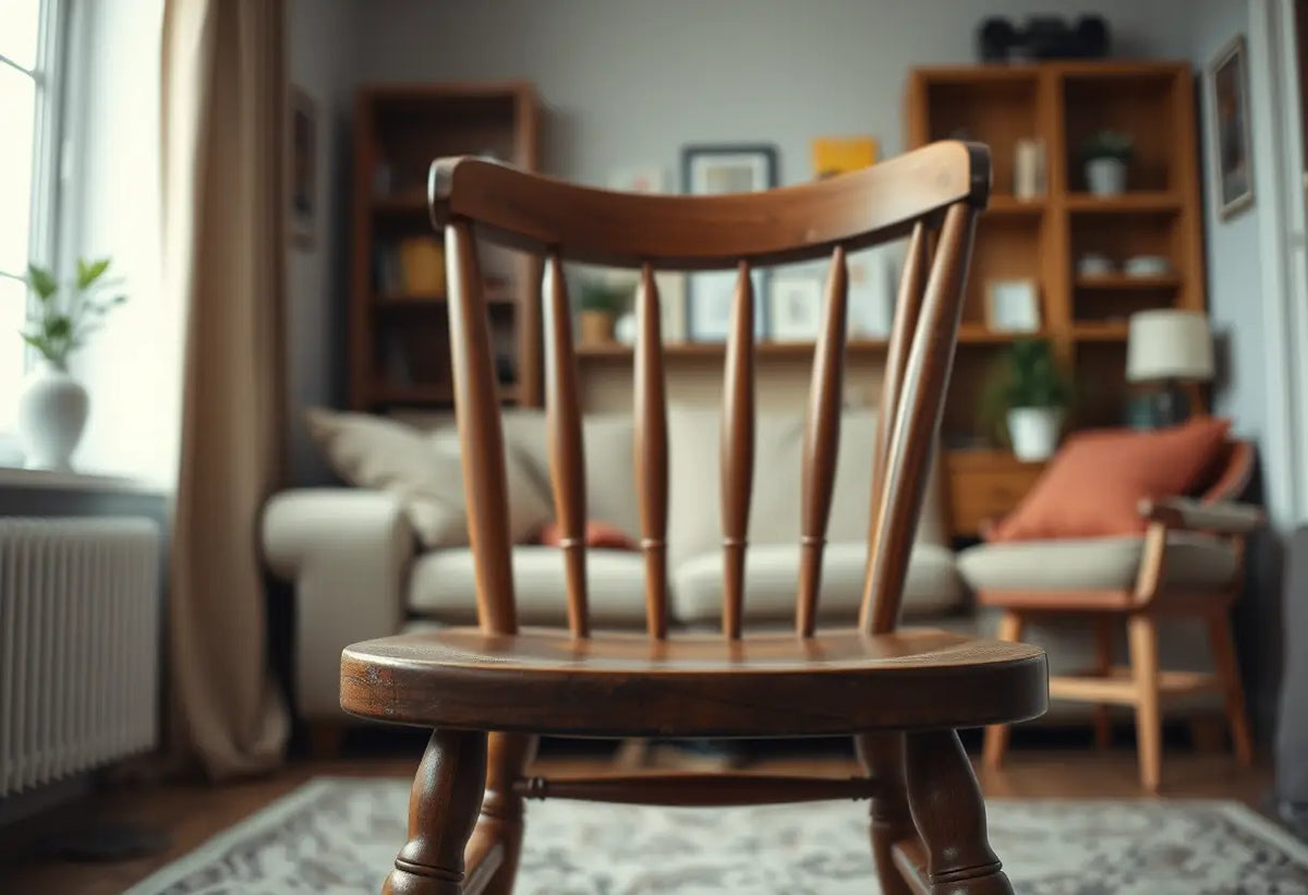 Un fauteuil en bois dans un salon, son siège légèrement affaibli par l'utilisation quotidienne, représentant la fragilité des muscles du plancher pelvien