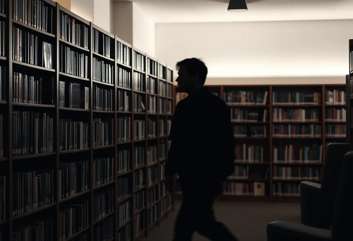 Un silhouetté passe devant des rayonnages de livres dans une bibliothèque accueillante