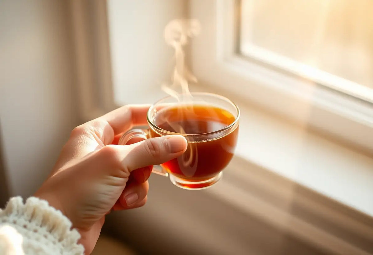Une main féminine tenant une tasse de thé chaud, associée à la perte de libido.