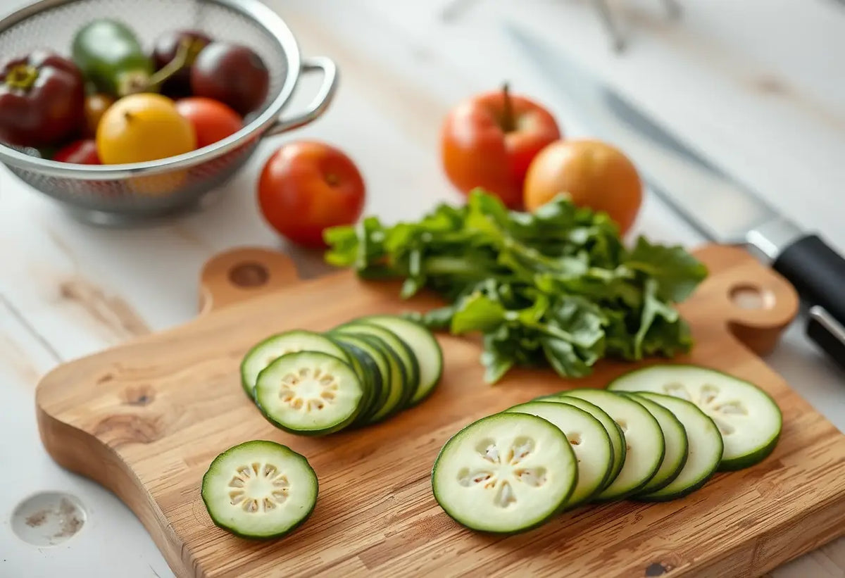 Un planche à découper en bois avec des tranches de légumes biologiques, près d'un égouttoir en acier inoxydable rempli de fruits.