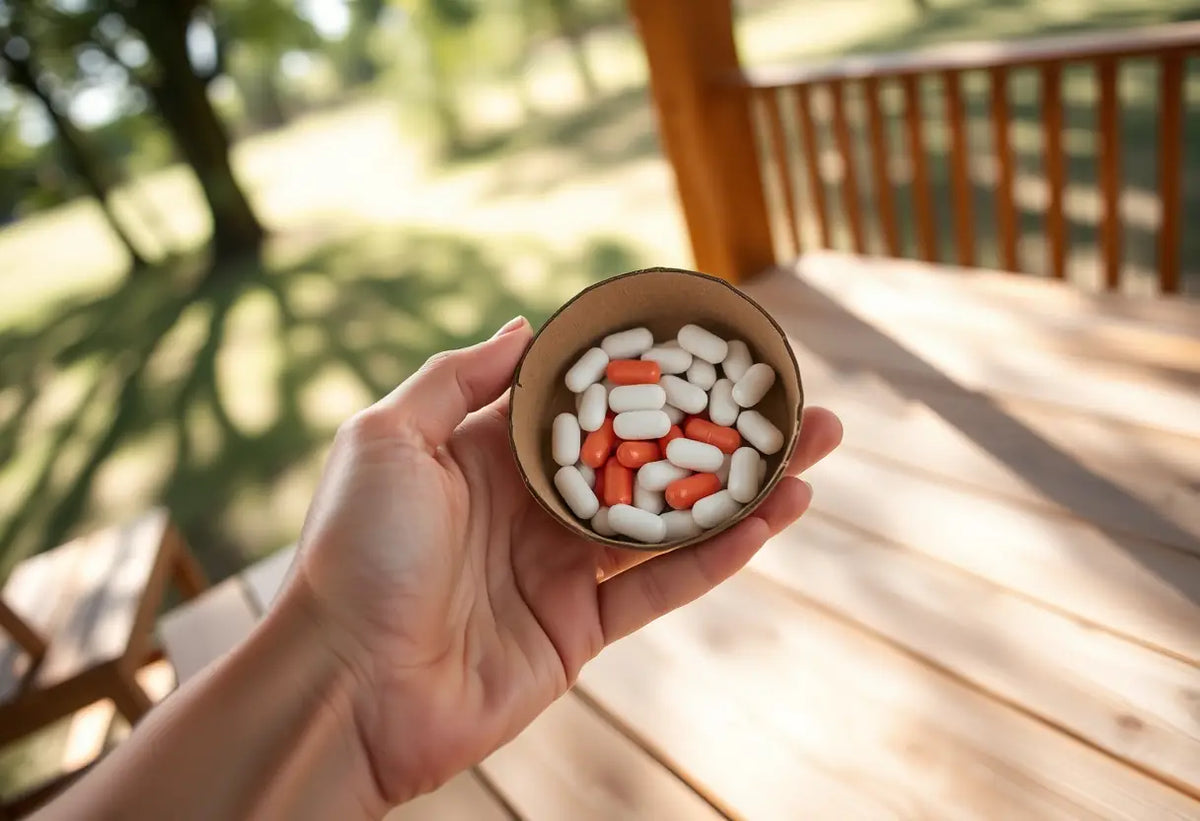 Une main féminine tenant un contenant en carton circulaire plein de comprimés sur une table en bois, lumière naturelle