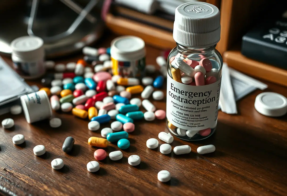 Bureau avec divers médicaments et une bouteille d'urgence contraceptive