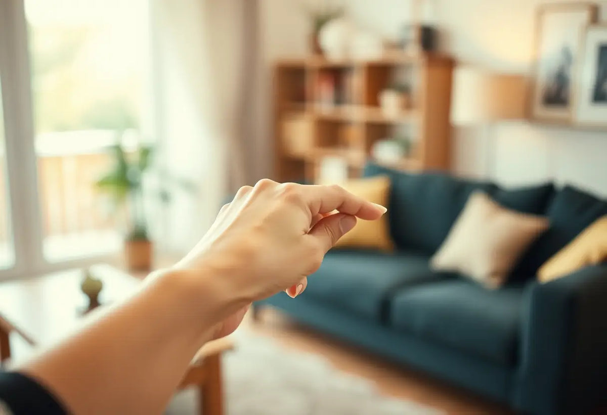 Main de femme tenant un manche en bois dans un salon chaleureux