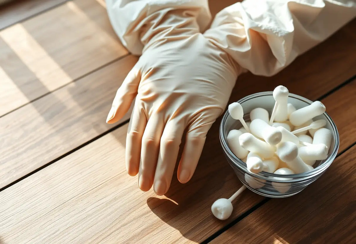 Mains tenant un paire de gants en latex, posées sur une table en bois avec un bol de cotons propres à côté, lumière de l'après-midi tôt projetant des ombres douces