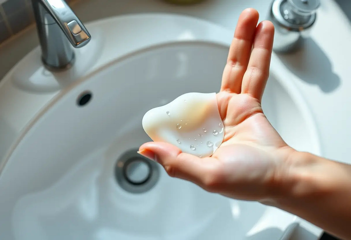 Cot en silicone posé sur un lavabo, gouttes d'eau scintillantes