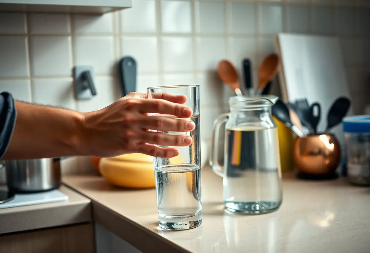 Une main atteint un verre d'eau posé sur un évier de cuisine encombré d'ustensiles