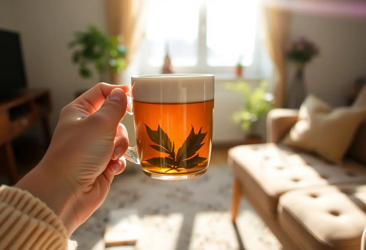 Une main tenant une tasse de thé herbeux dans un salon accueillant, lumière naturelle chaleureuse