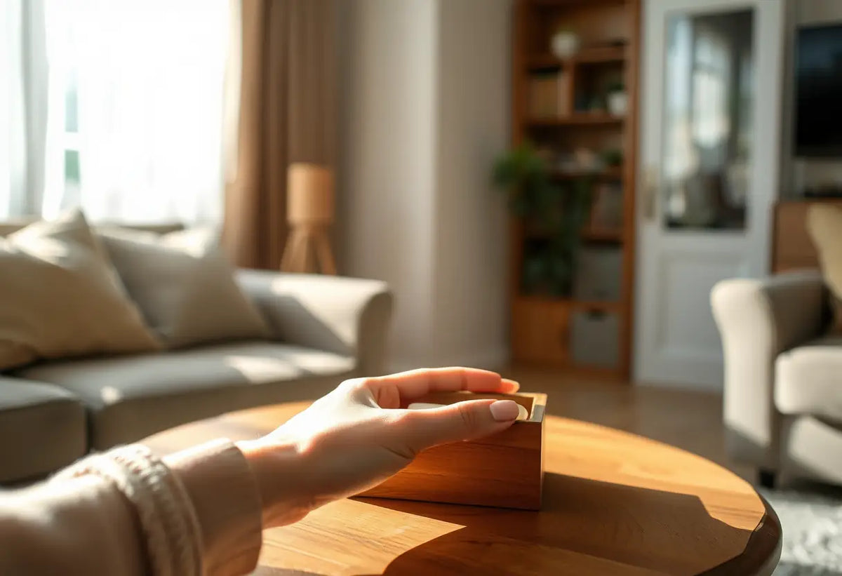 Une main féminine tient délicatement un boîtier à médicaments en bois dans un salon