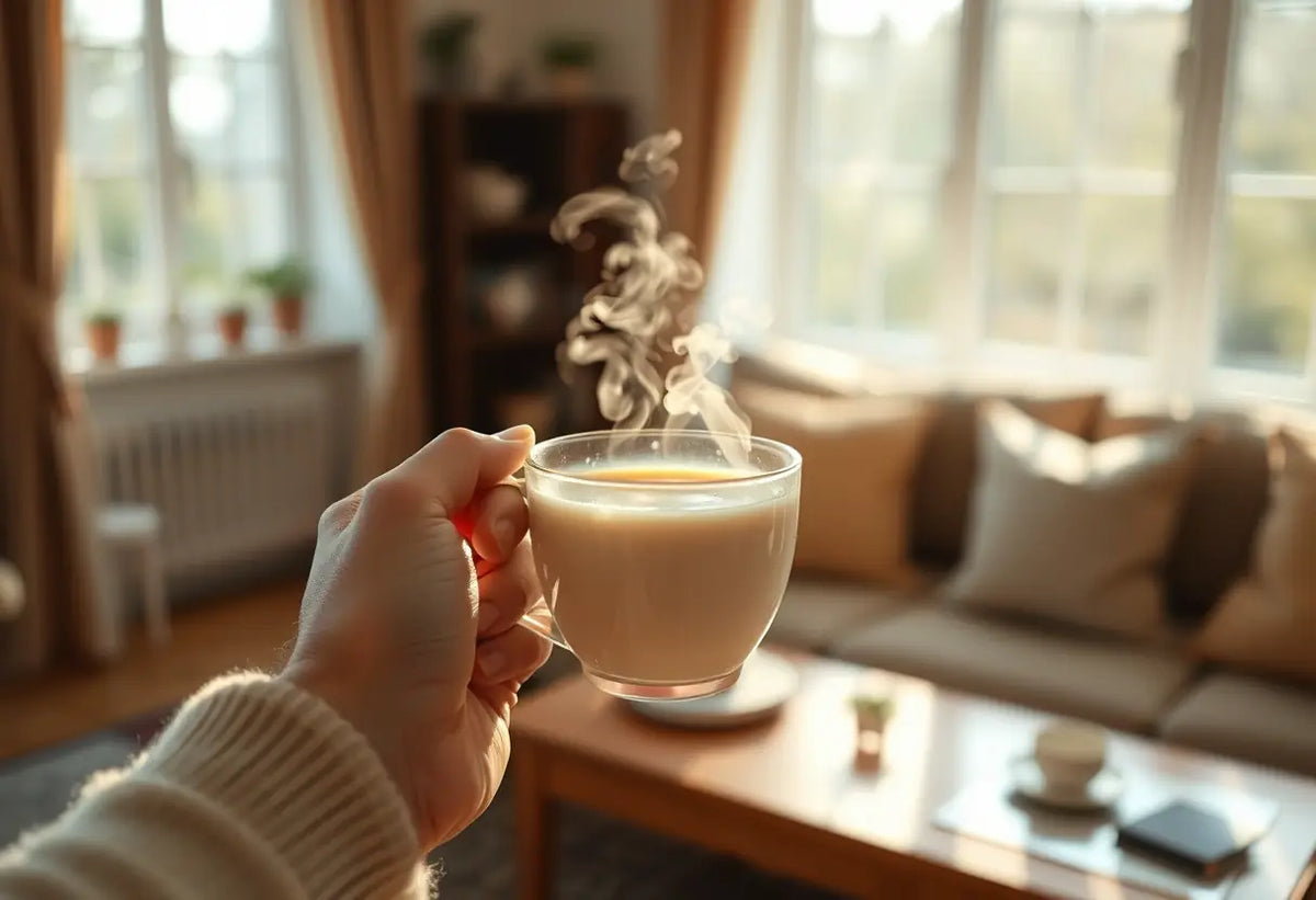 Une main tenant une tasse de thé chaud dans un salon accueillant, lumière naturelle tamisée