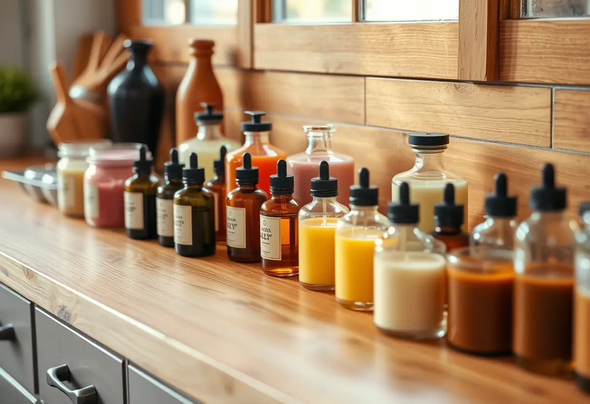 Étagère avec bougies et huiles parfumées