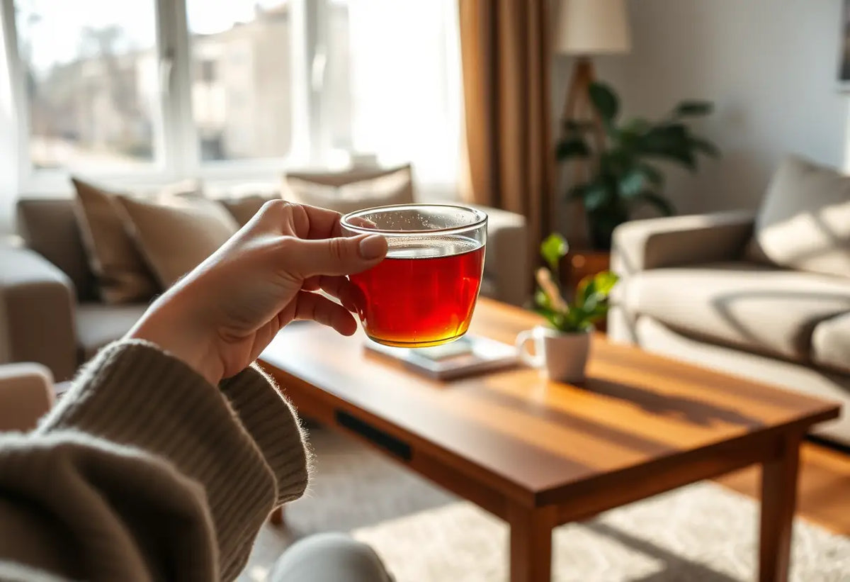 Une main féminine tient une tasse de thé herbagère dans un salon accueillant, avec une lumière naturelle filtrant par la fenêtre.