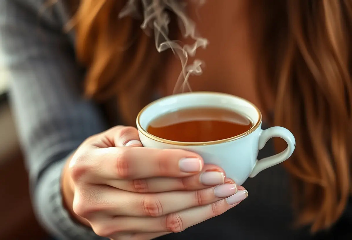 Une main féminine tient une tasse de thé, pré ménopause et baisse de libido