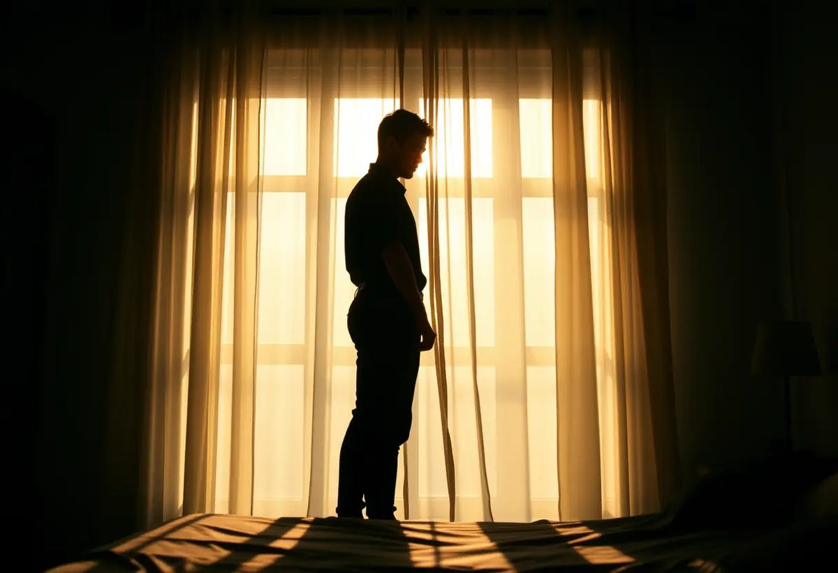 Un silhouetté devant une fenêtre dans une chambre, la lumière du soleil filtre à travers des rideaux légers