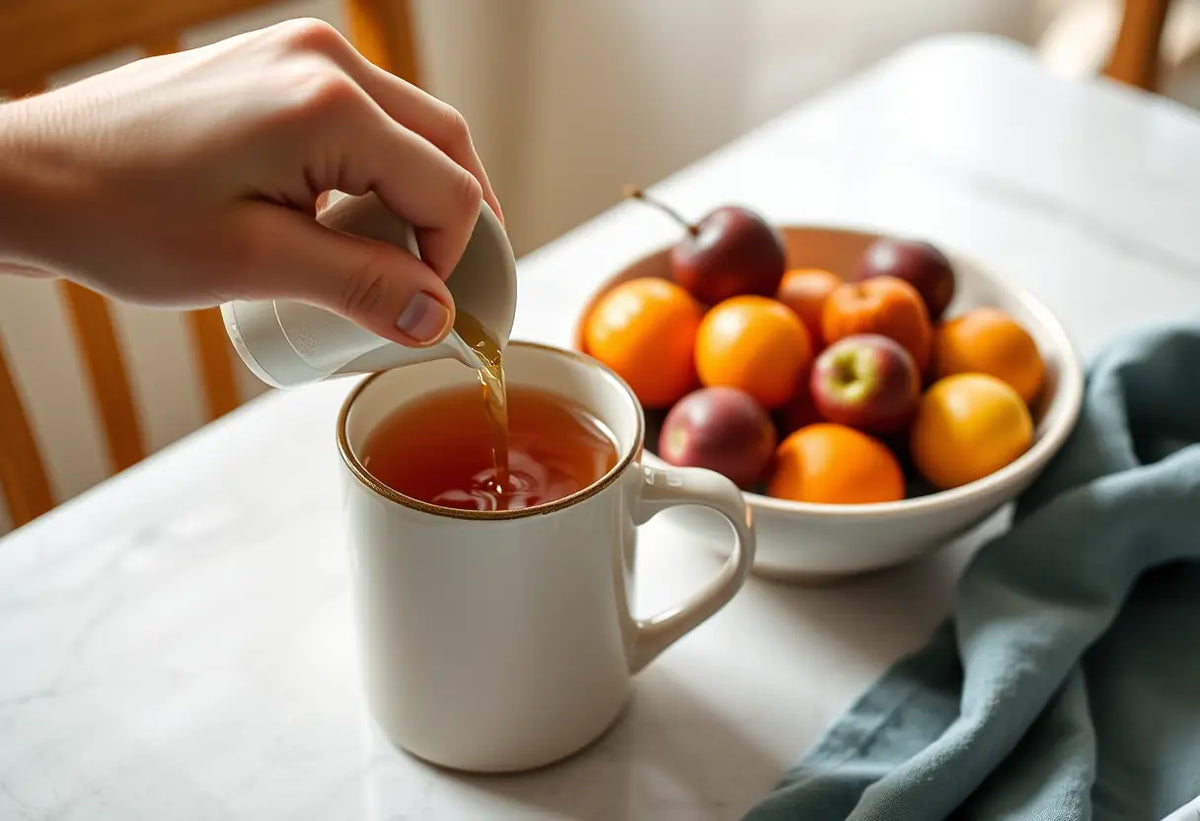 Une main verse du thé aux camomiles dans une tasse posée sur une table