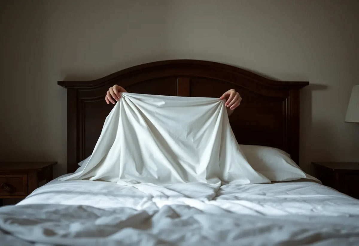 Des mains qui plient une serviette blanche sur un lit