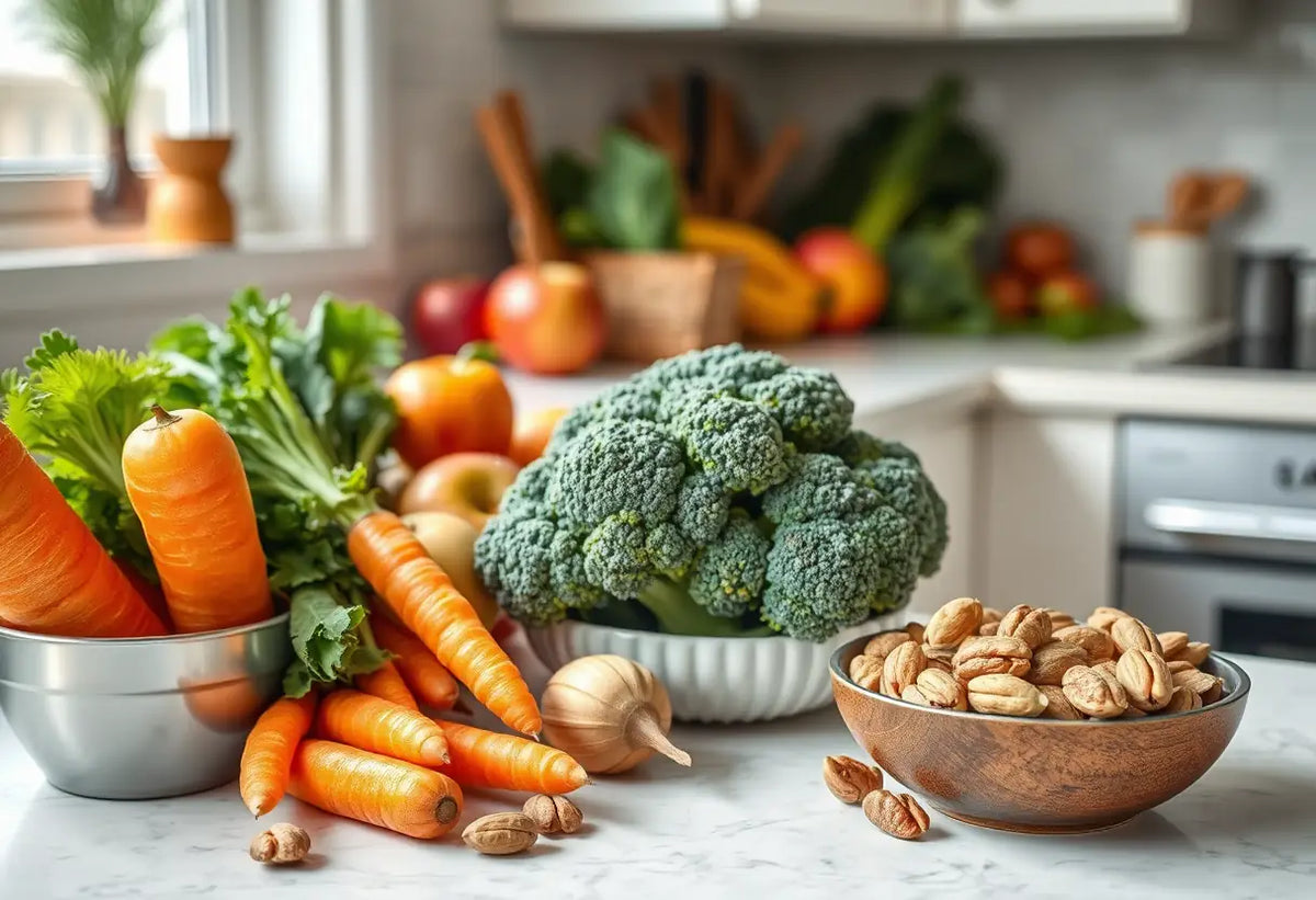 Un plan de travail de cuisine avec des légumes et des fruits frais, promouvants une flore saine