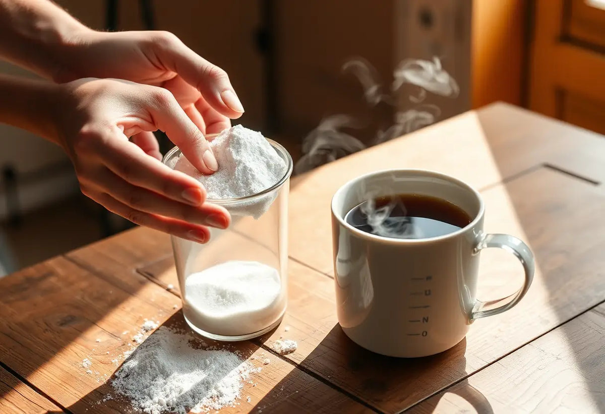 Des mains versent une poudre dans un verre à mesurer à côté d'une tasse de thé fumante