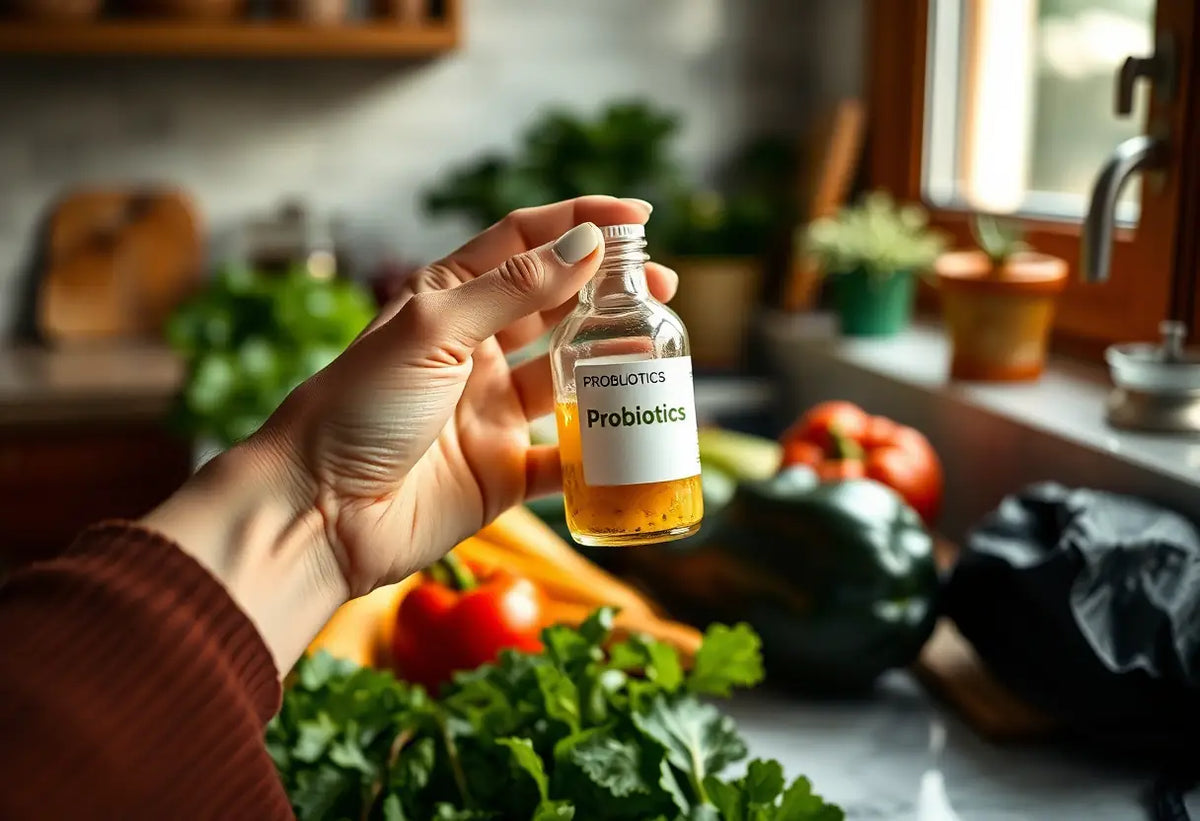Main de femme tenant une petite bouteille de probiotiques sur un comptoir cuisine