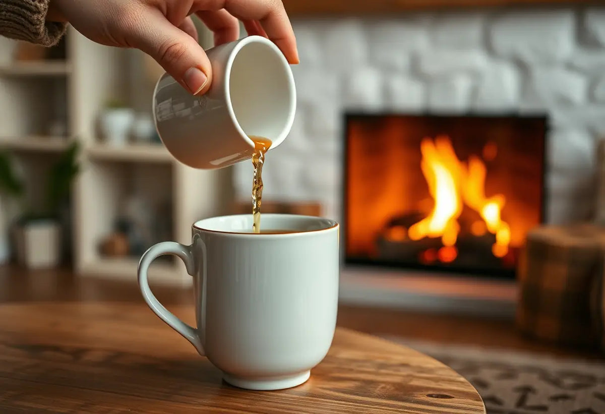 Une main verse du thé de camomille dans une tasse en porcelaine dans un salon accueillant.