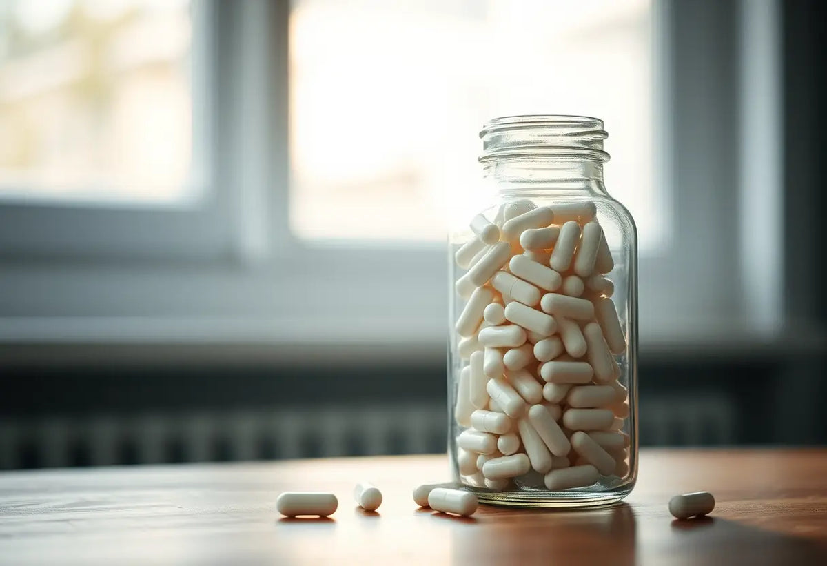 Bouteille en verre contenant des capsules blanches sur une table