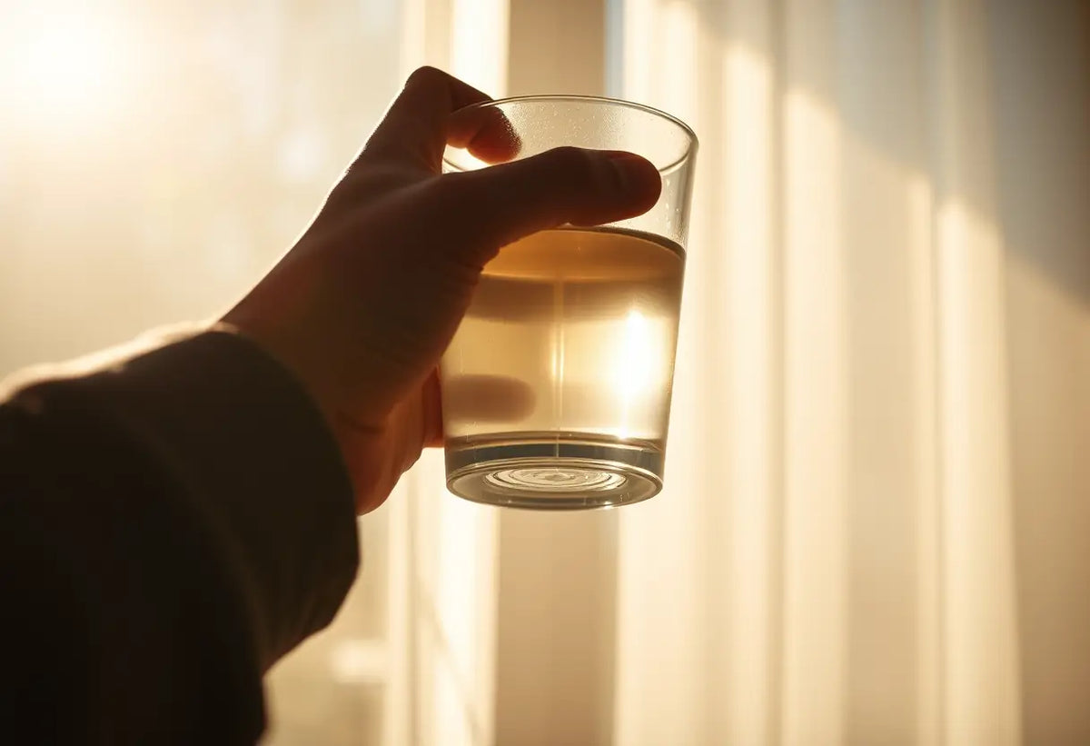 Une main tenant une tasse contenant un liquide clair, lumière naturelle