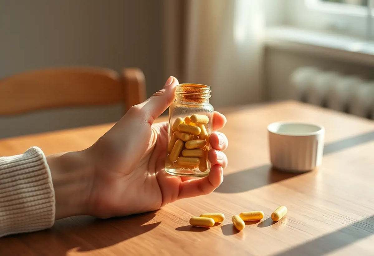 Une main féminine tenant un flacon de probiotiques sur une table en bois