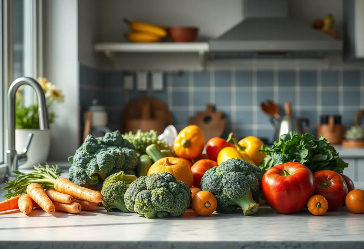 Un plan de travail de cuisine avec divers fruits et légumes frais, sous une lumière tamisée de l’après-midi