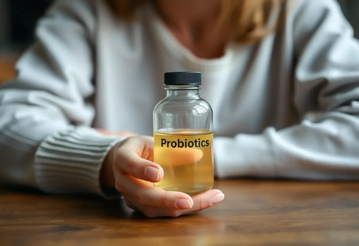 Une main féminine tenant une petite bouteille de probiotiques, pour la santé intime.