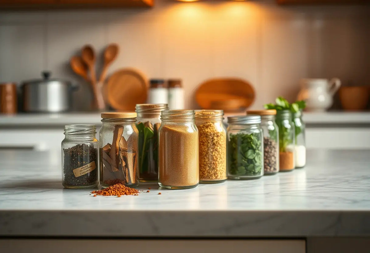 Un plan de travail de cuisine avec des épices et herbes dans des bocaux, suggérant des remèdes naturels
