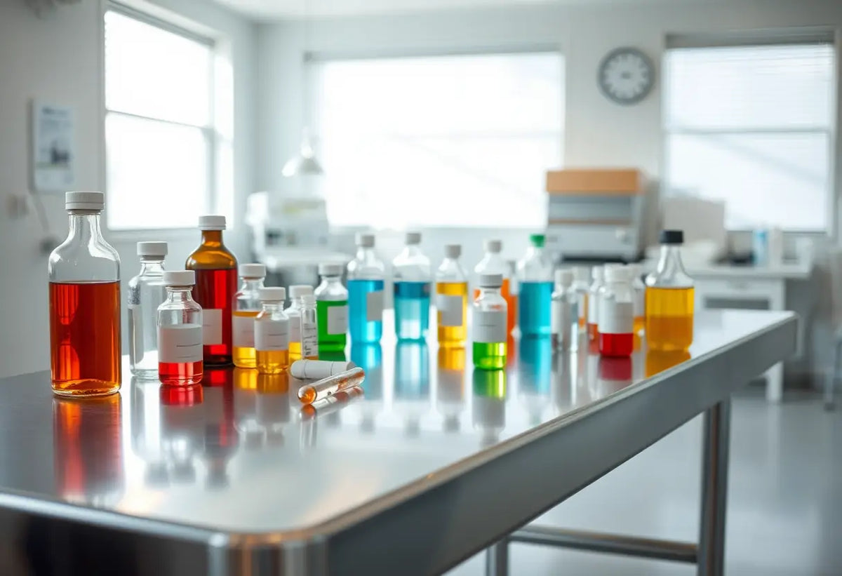 Une table en acier inoxydable dans une pièce propre et lumineuse, couverte de bouteilles et flacons remplis de liquides colorés utilisés dans les traitements de fertilité