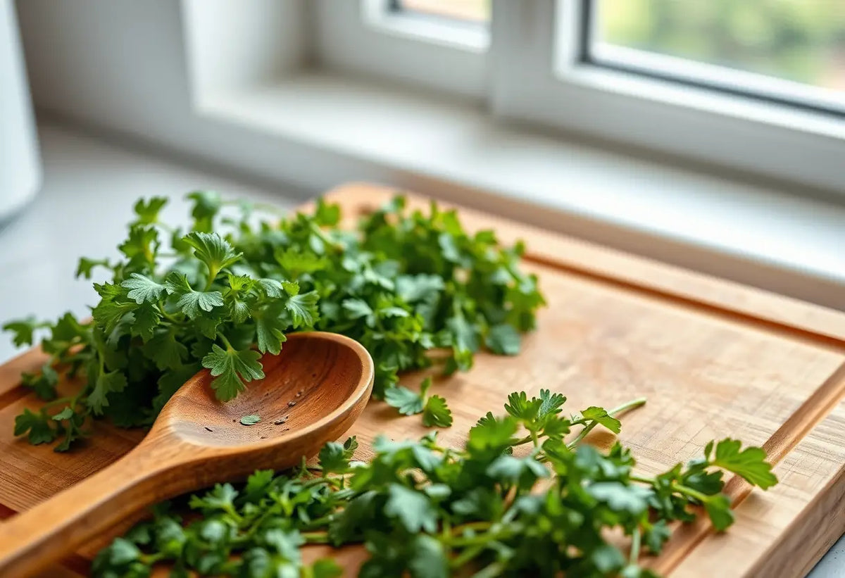 Poêlon en bois sur planche à découper avec herbes fraîches