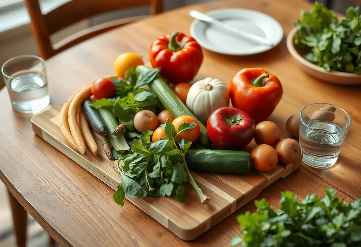 Un plan de travail avec des légumes et des fruits frais pour promouvoir une alimentation saine