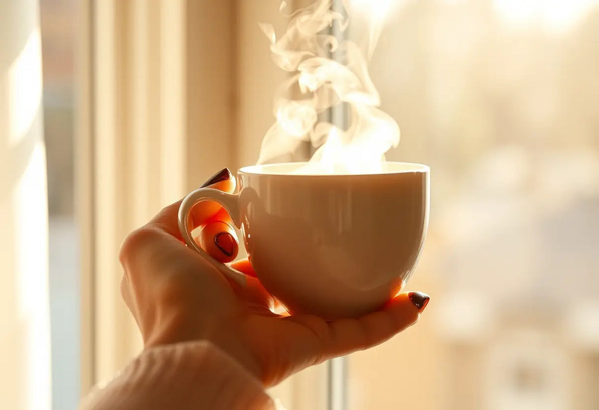 Une main tenant une tasse de thé chaud, la lumière du soleil filtre à travers la fenêtre