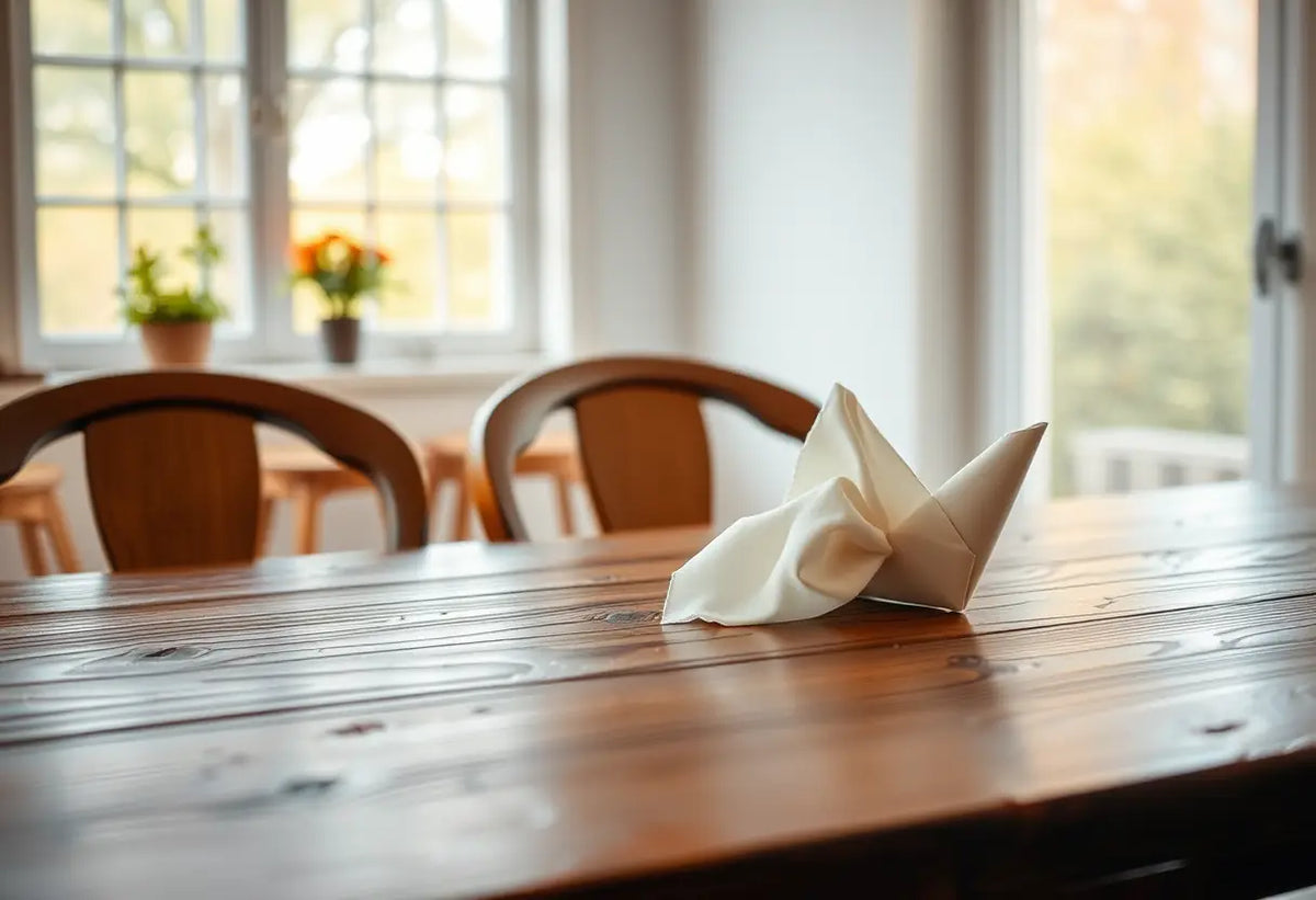 Table de repas en bois avec serviette pliée en forme d'oiseau, représentant la guérison