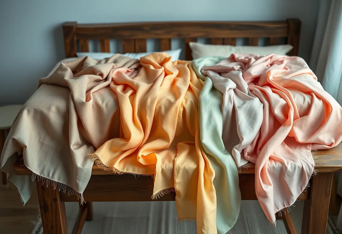 Un bureau en bois couvert de foulards en soie pastel dans une chambre éclairée doucement.