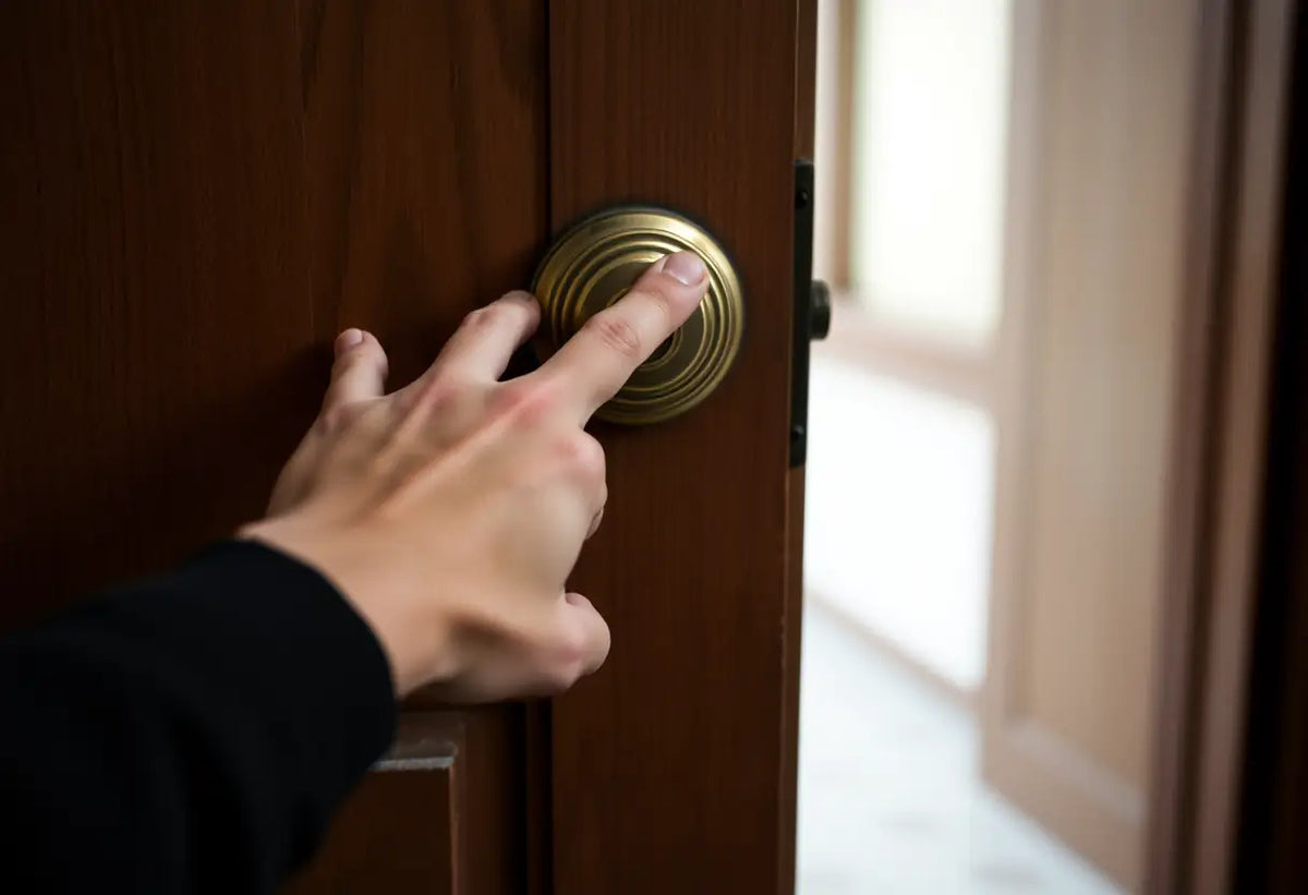 Main de quelqu'un touchant la poignée d'une porte, symbole du coming out