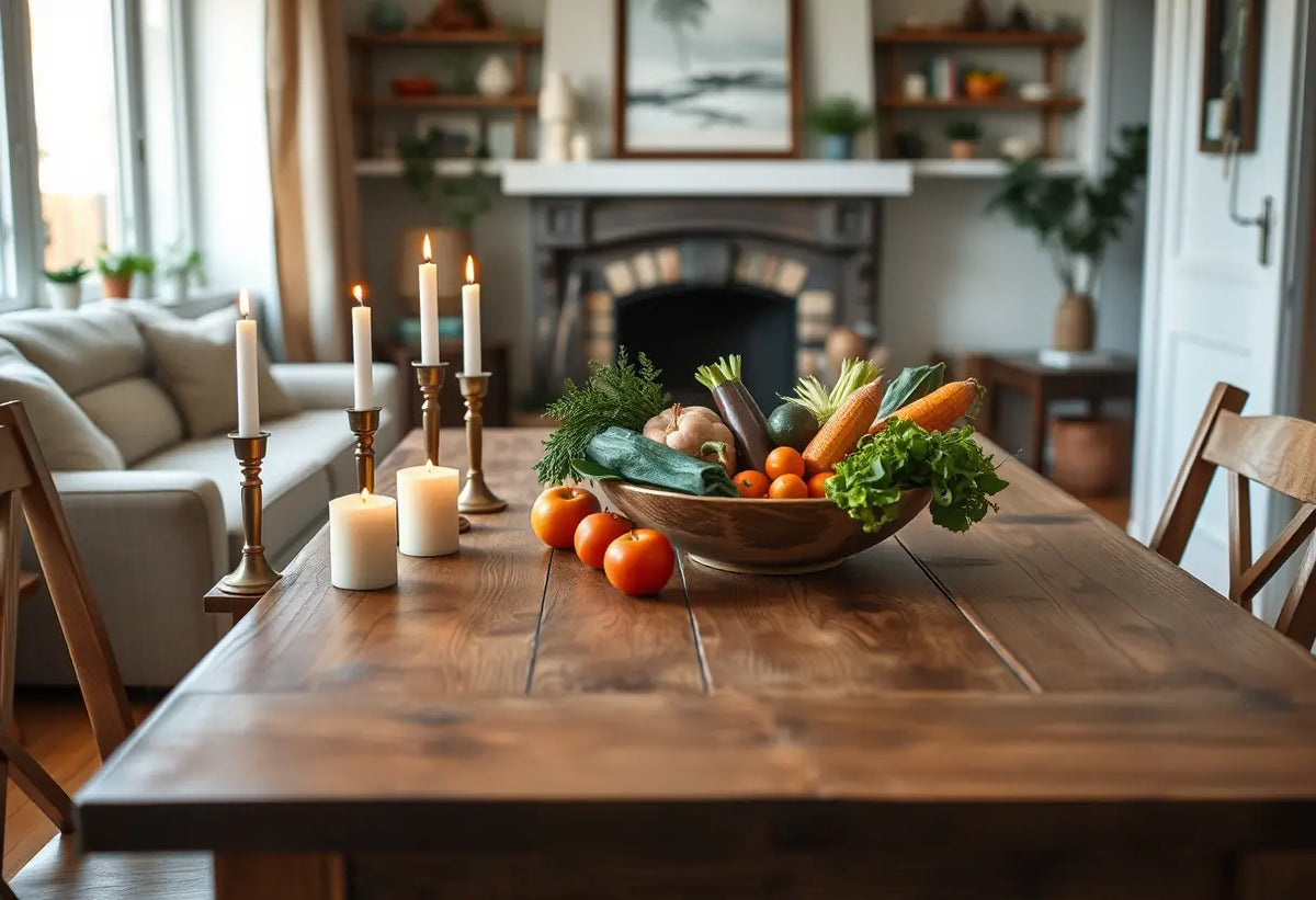 Un coin repas avec une table en bois, des bougies et des légumes frais, symbole de connexion