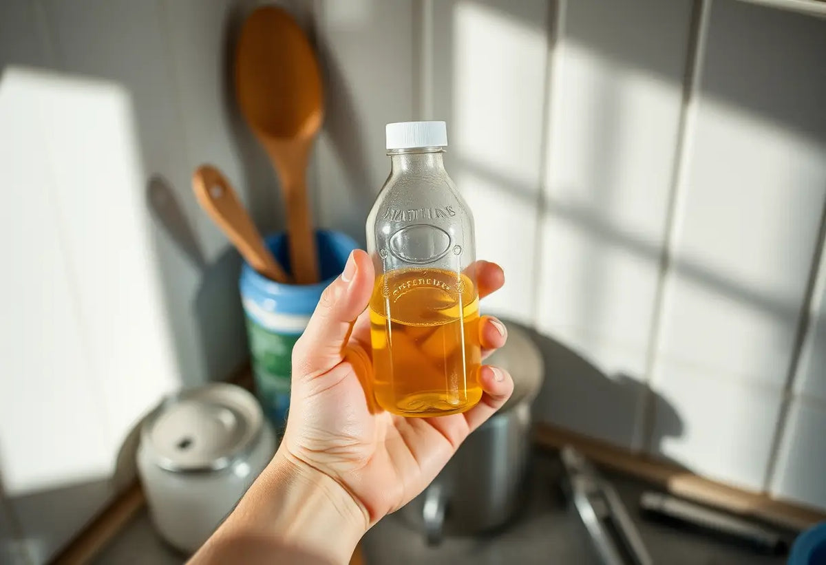 Une main tenant une petite bouteille de plastique dans une cuisine