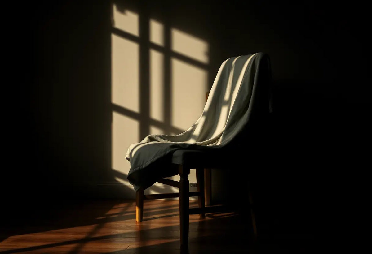 Un fauteuil en bois recouvert d'un tissu doux dans une pièce sombre