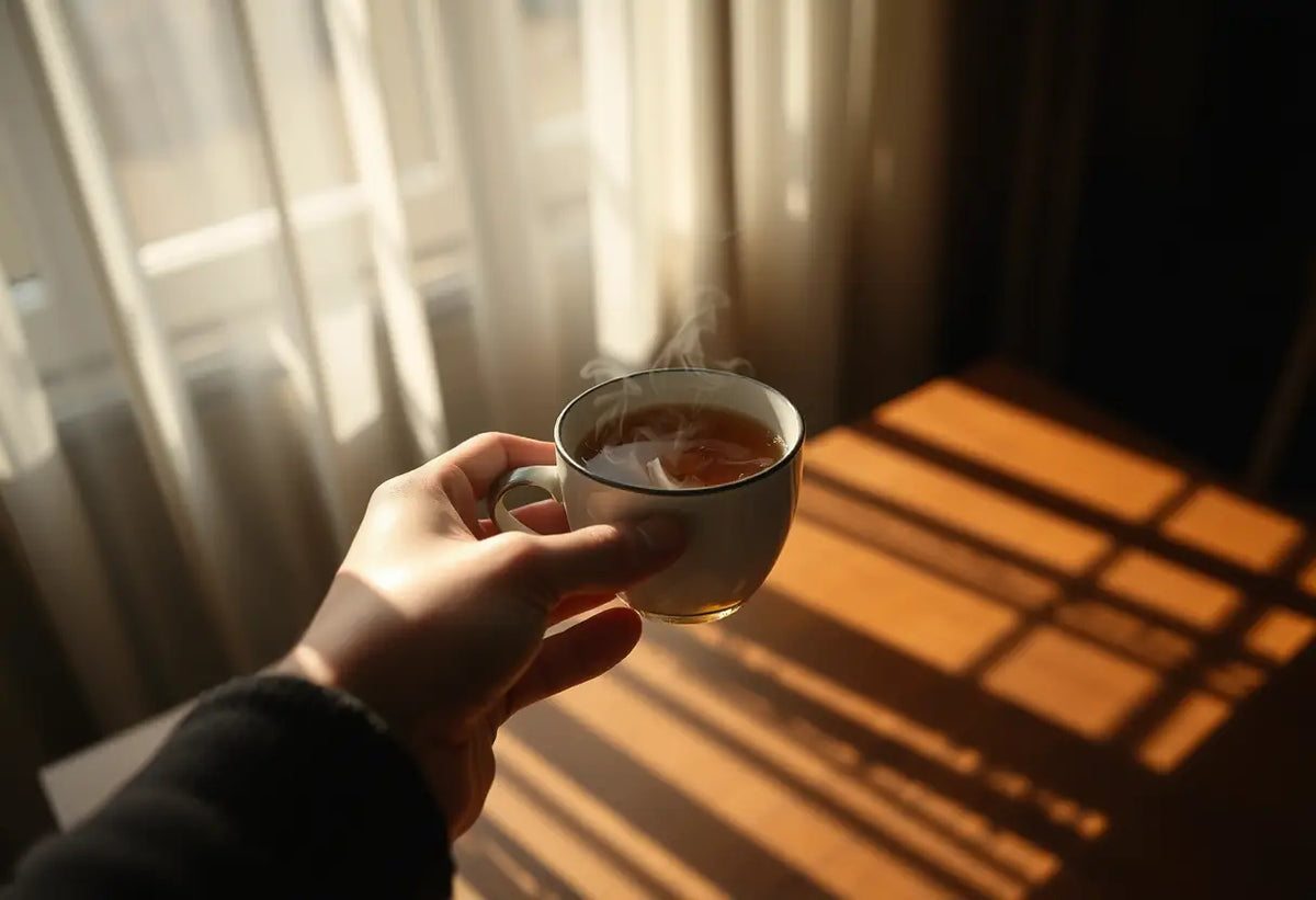 Une main tenant une tasse de thé aromatique, lumière naturelle
